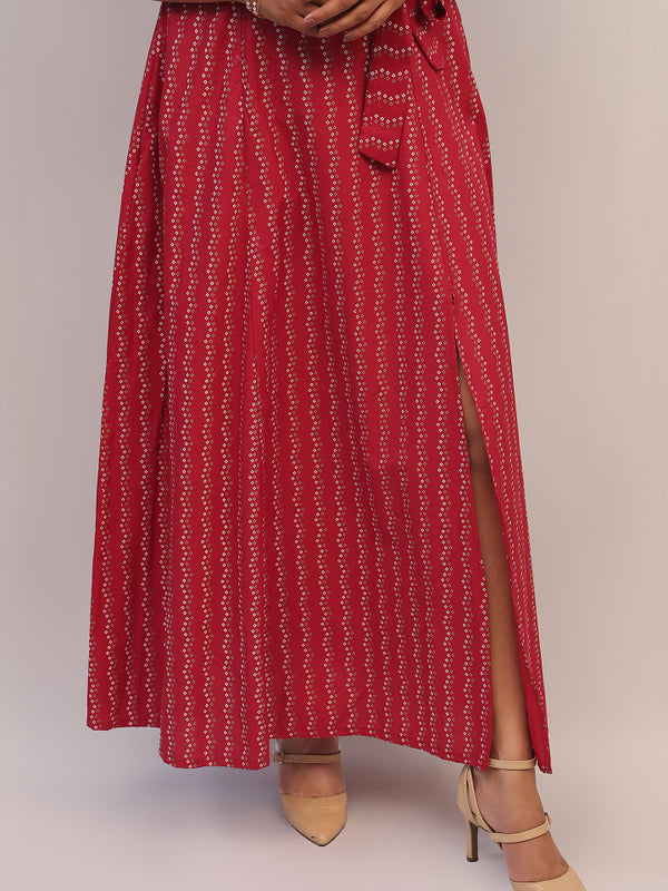 Red Printed Slit Long Dress