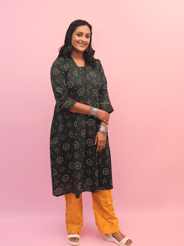 Green And Yellow Bandhani A-Line Kurta Set