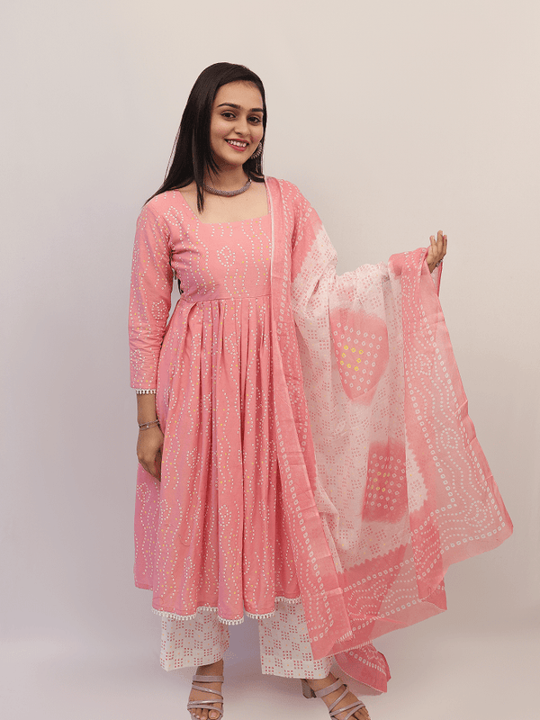 Pink Bandhani Suit Set With Palazzo And Dupatta