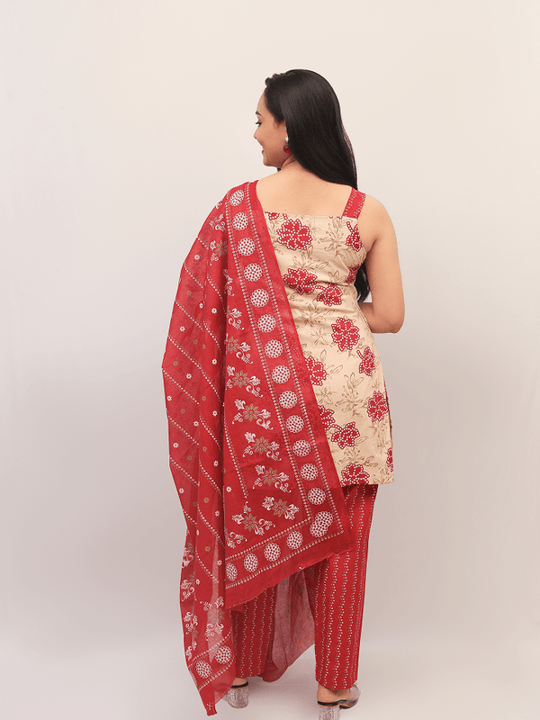 Beige & Red Floral Kurta Set With Printed Dupatta