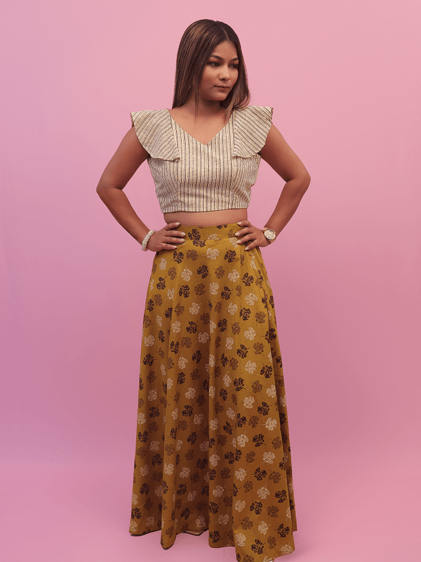 Striped Flutter Sleeve Crop Top With Mehndi Floral Maxi Skirt