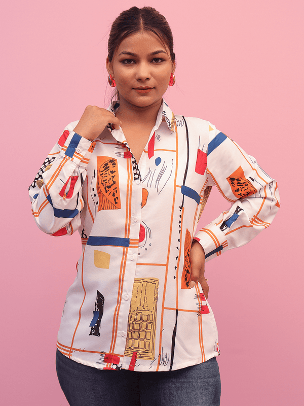 White & Orange Blue Accent Print Shirt