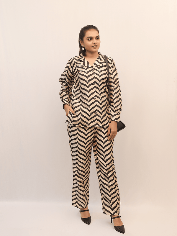 Black & Beige Chevron Print formal Co-Ord Set