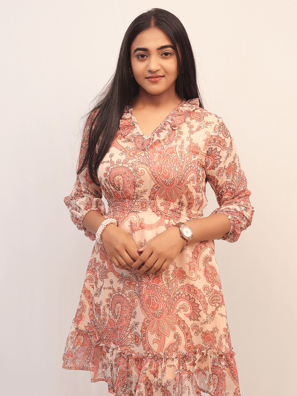 Pink Paisley Ruffle Trim with Smocked Waist Mini Dress