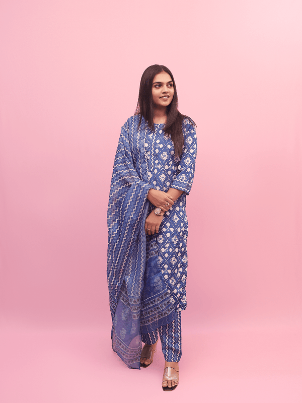 Blue Bandhani Cotton Suit Set