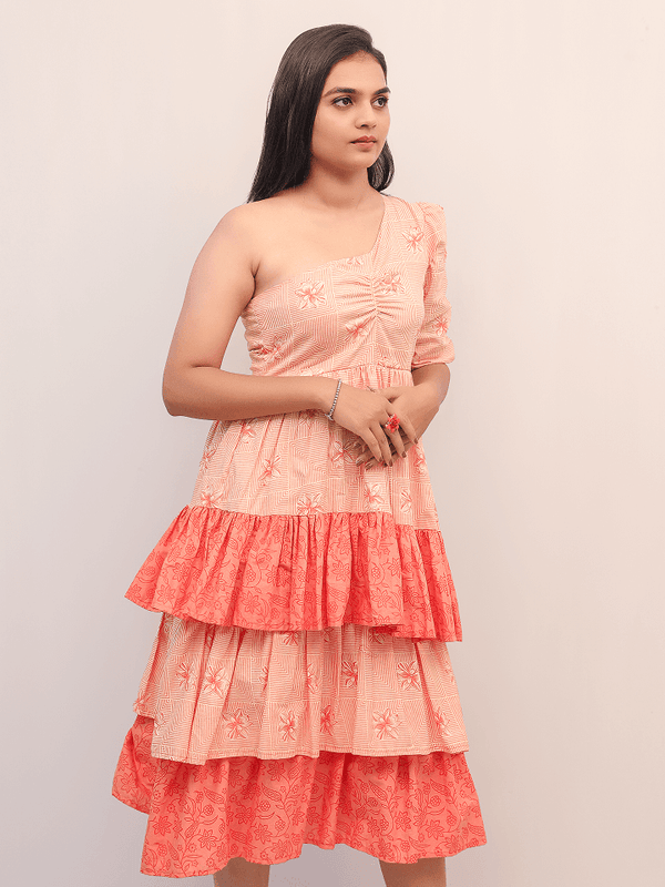 Coral One-Shoulder Layered Midi Dress