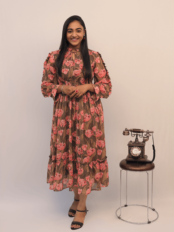 Olive Green Floral Printed Flared Midi Dress