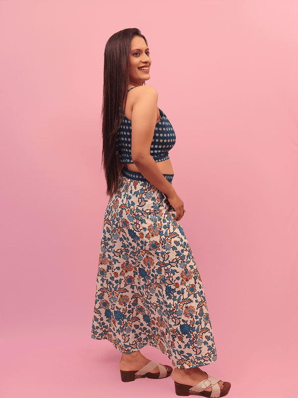 Blue Printed Crop Top With Floral A-Line Skirt
