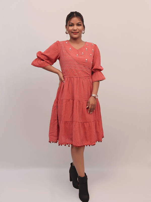 Coral Pink Embroidered Tiered Dress