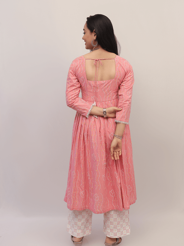 Pink Bandhani Suit Set With Palazzo And Dupatta