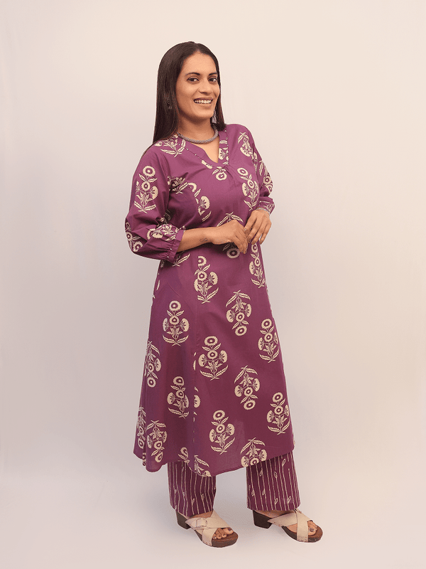 Purple Floral Cotton Kurta Set