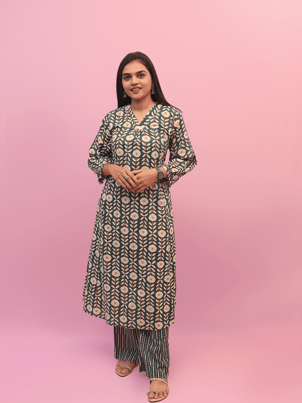 Green Floral Print Kurta Set