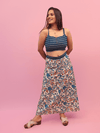 Blue Printed Crop Top With Floral A-Line Skirt