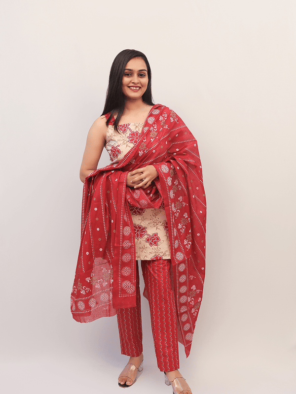 Beige & Red Floral Kurta Set With Printed Dupatta
