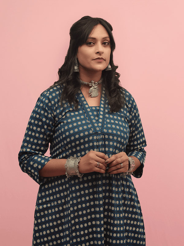 Blue Printed A-Line Kurta Set