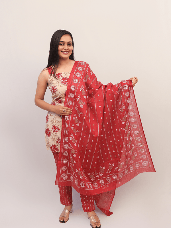 Beige & Red Floral Kurta Set With Printed Dupatta