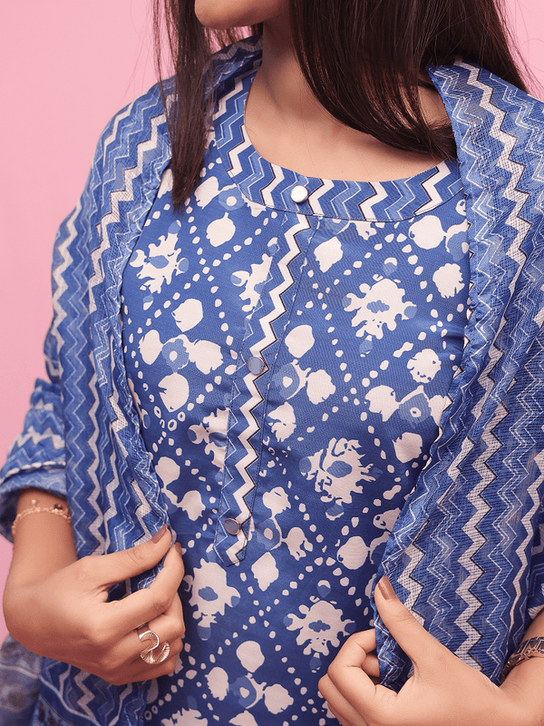 Blue Bandhani Cotton Suit Set