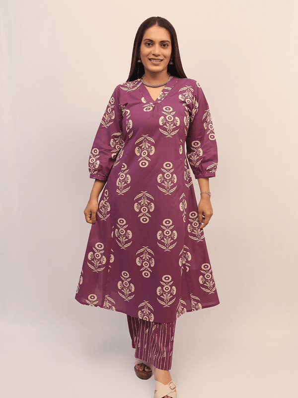 Purple Floral Cotton Kurta Set