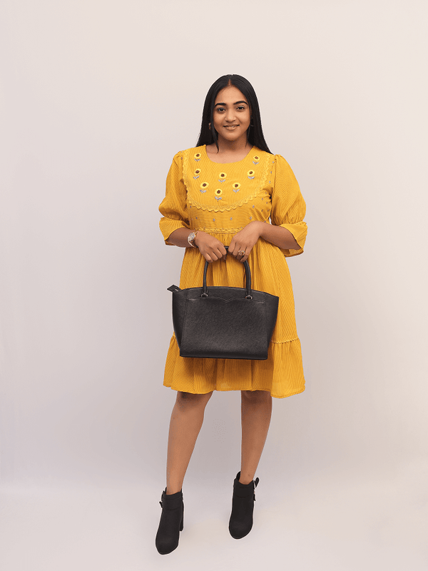 Mustard Yellow Embroidered Tiered Dress