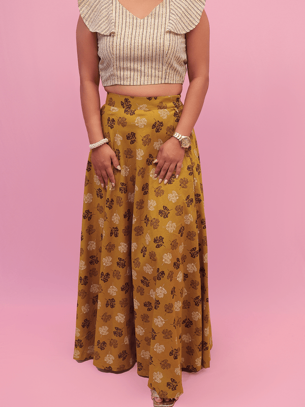 Striped Flutter Sleeve Crop Top With Mehndi Floral Maxi Skirt