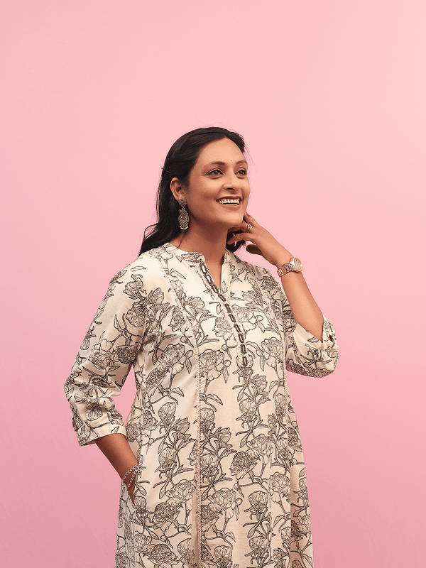 Ivory Floral Print Kurta Set