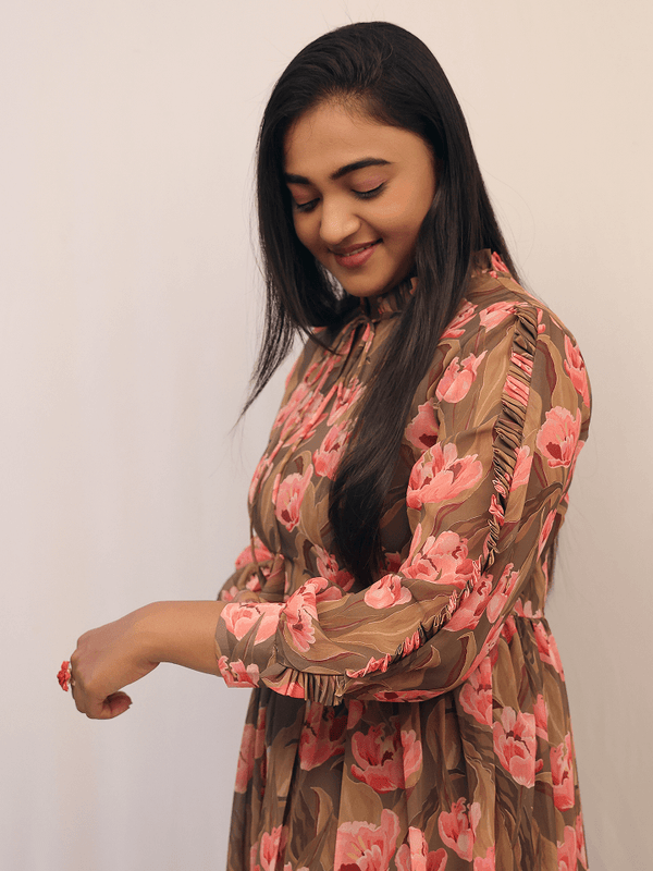 Olive Green Floral Printed Flared Midi Dress