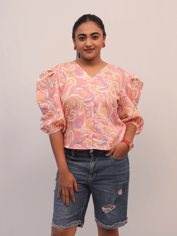 Pastel Swirl Puff Sleeve Shirt