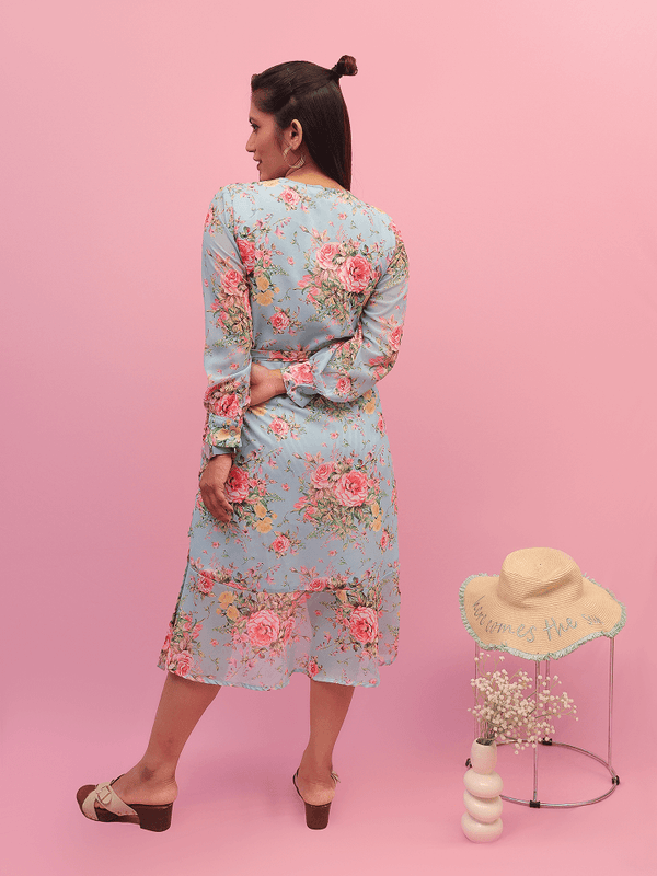 Powder Blue Floral Wrap Midi Dress