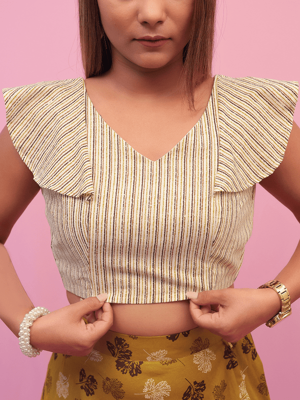 Striped Flutter Sleeve Crop Top With Mehndi Floral Maxi Skirt