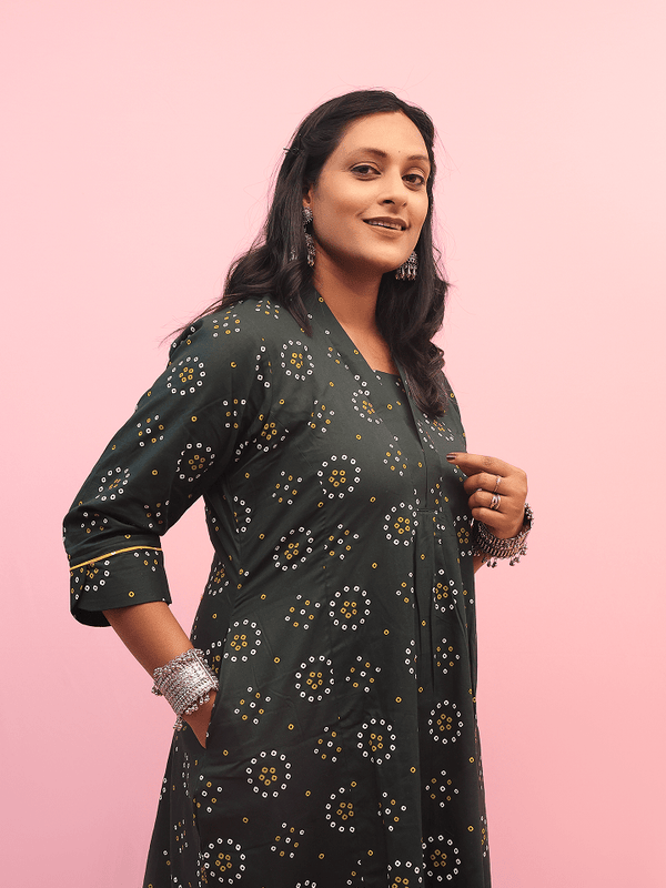 Green And Yellow Bandhani A-Line Kurta Set