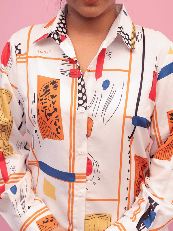 White & Orange Blue Accent Print Shirt