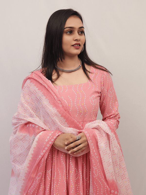 Pink Bandhani Suit Set With Palazzo And Dupatta