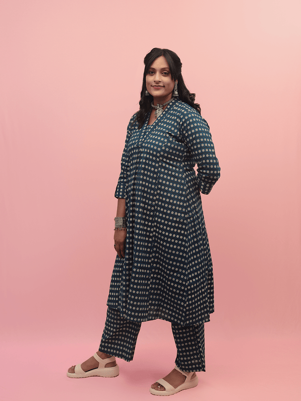 Blue Printed A-Line Kurta Set