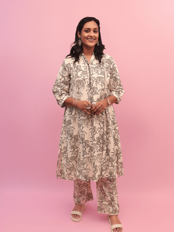 Ivory Floral Print Kurta Set