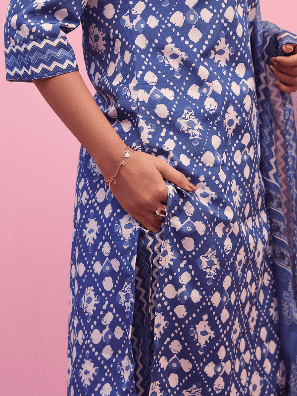 Blue Bandhani Cotton Suit Set