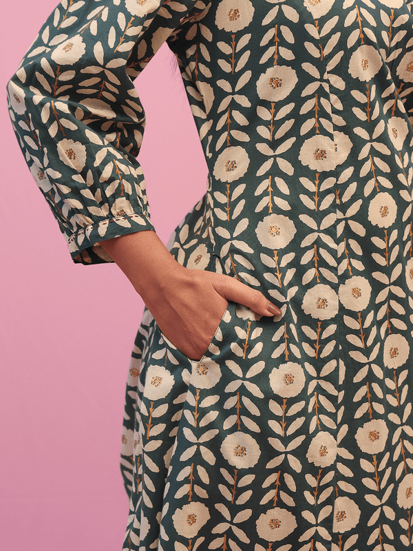 Green Floral Print Kurta Set