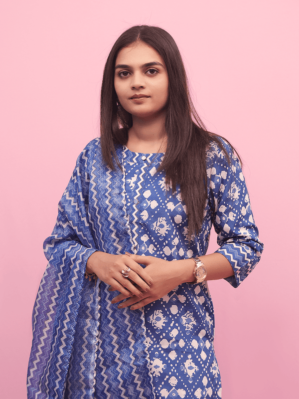 Blue Bandhani Cotton Suit Set