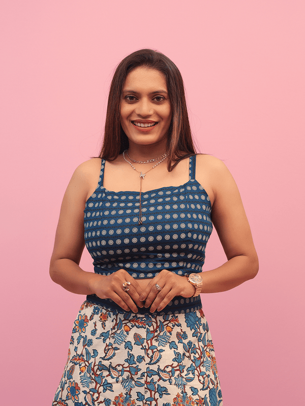 Blue Printed Crop Top With Floral A-Line Skirt