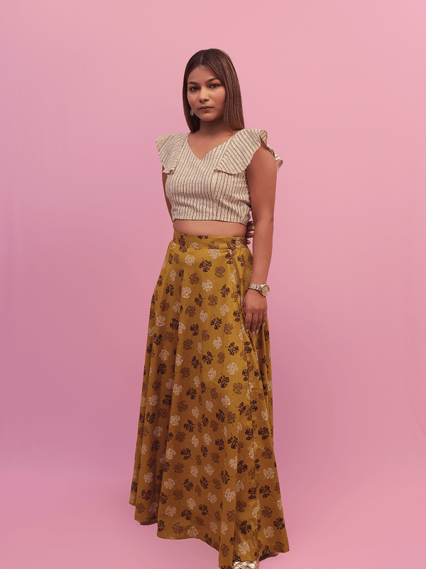 Striped Flutter Sleeve Crop Top With Mehndi Floral Maxi Skirt