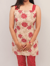 Beige & Red Floral Kurta Set With Printed Dupatta