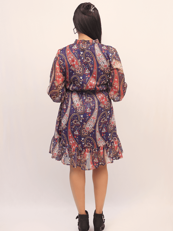 Navy Paisley Print Smocked Mini Dress