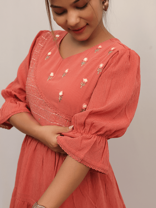 Coral Pink Embroidered Tiered Dress
