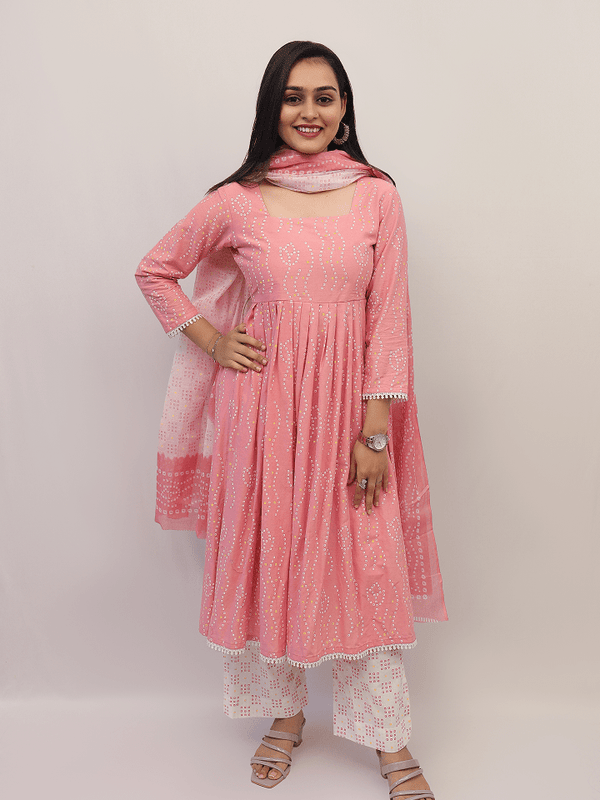 Pink Bandhani Suit Set With Palazzo And Dupatta