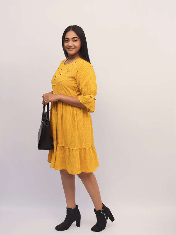 Mustard Yellow Embroidered Tiered Dress