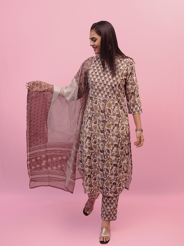 Beige Suit With Mauve And Mehendi Green Floral Suit