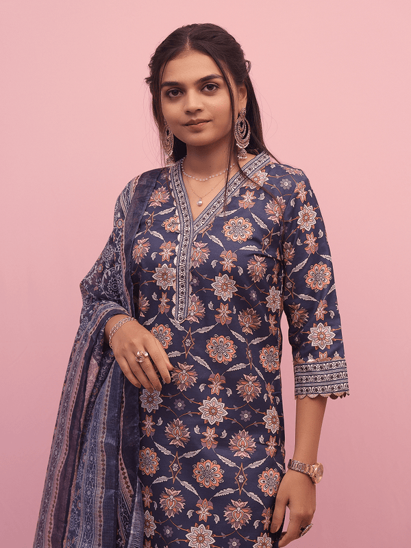 Navy Blue Floral Printed Suit Set