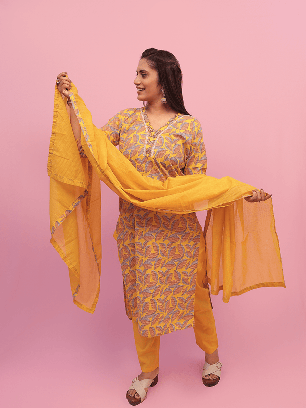 Sunshine Leaf Print Suit Set with Dupatta