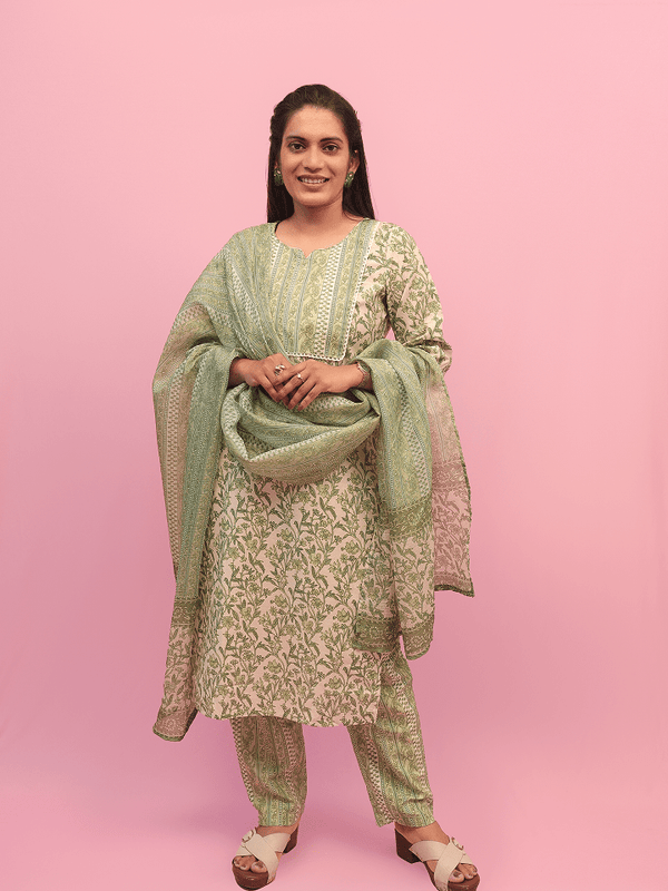 Sage Green Floral Print Cotton Suit Set