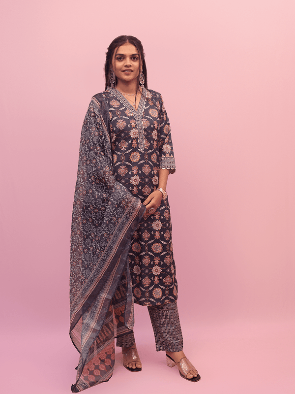 Navy Blue Floral Printed Suit Set
