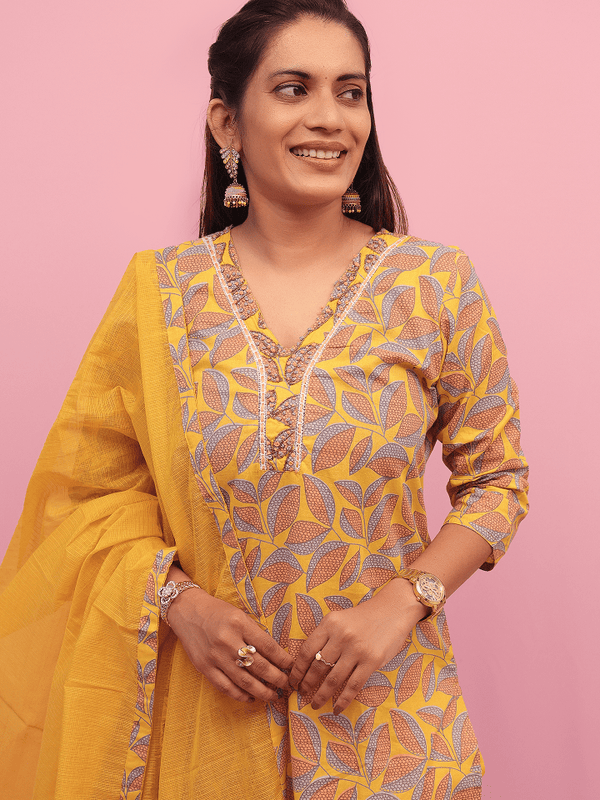Sunshine Leaf Print Suit Set with Dupatta